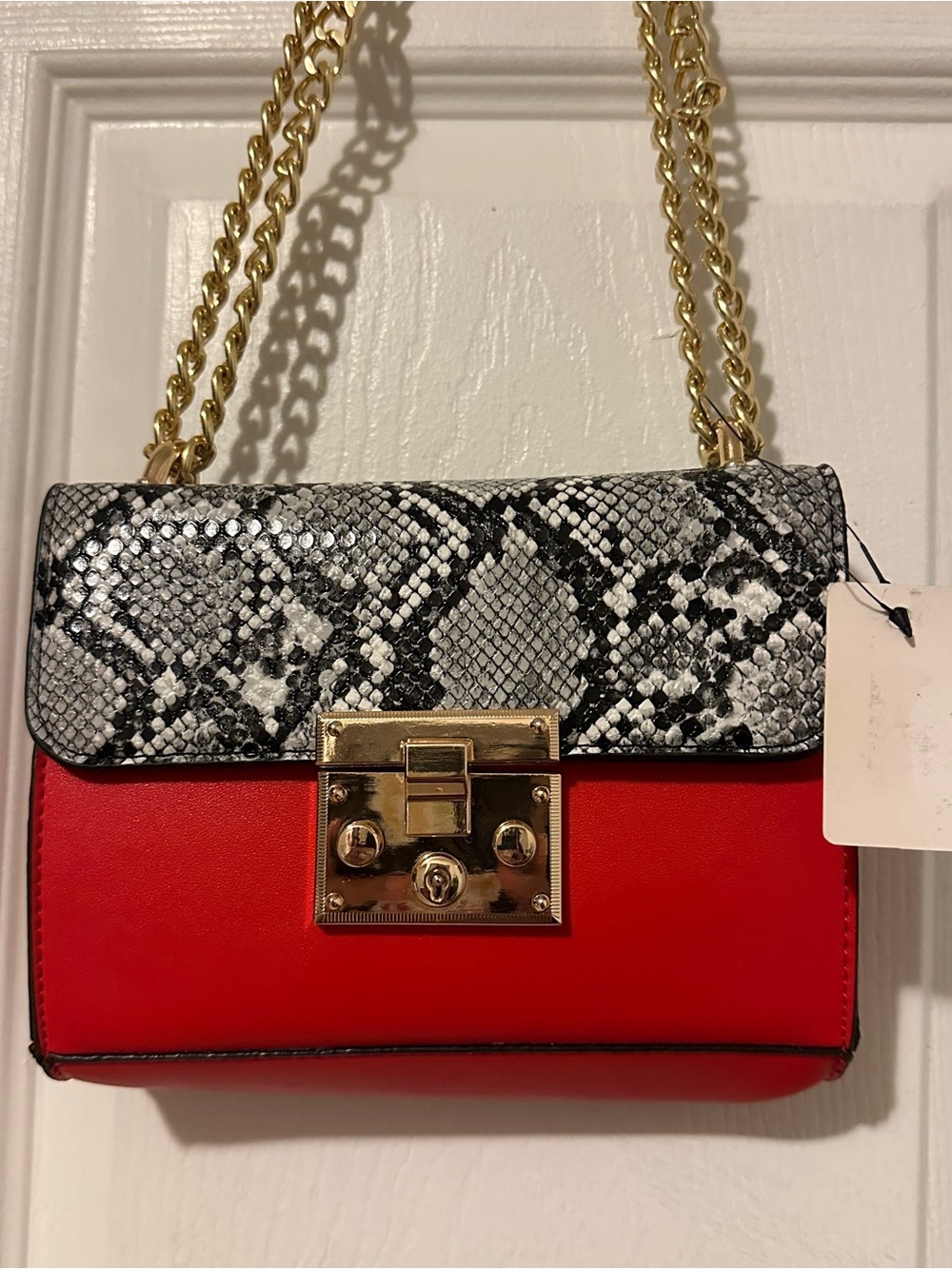 Red and Snake-Print Chain crossbody/ Shoulder Bag - Gold Hardware
